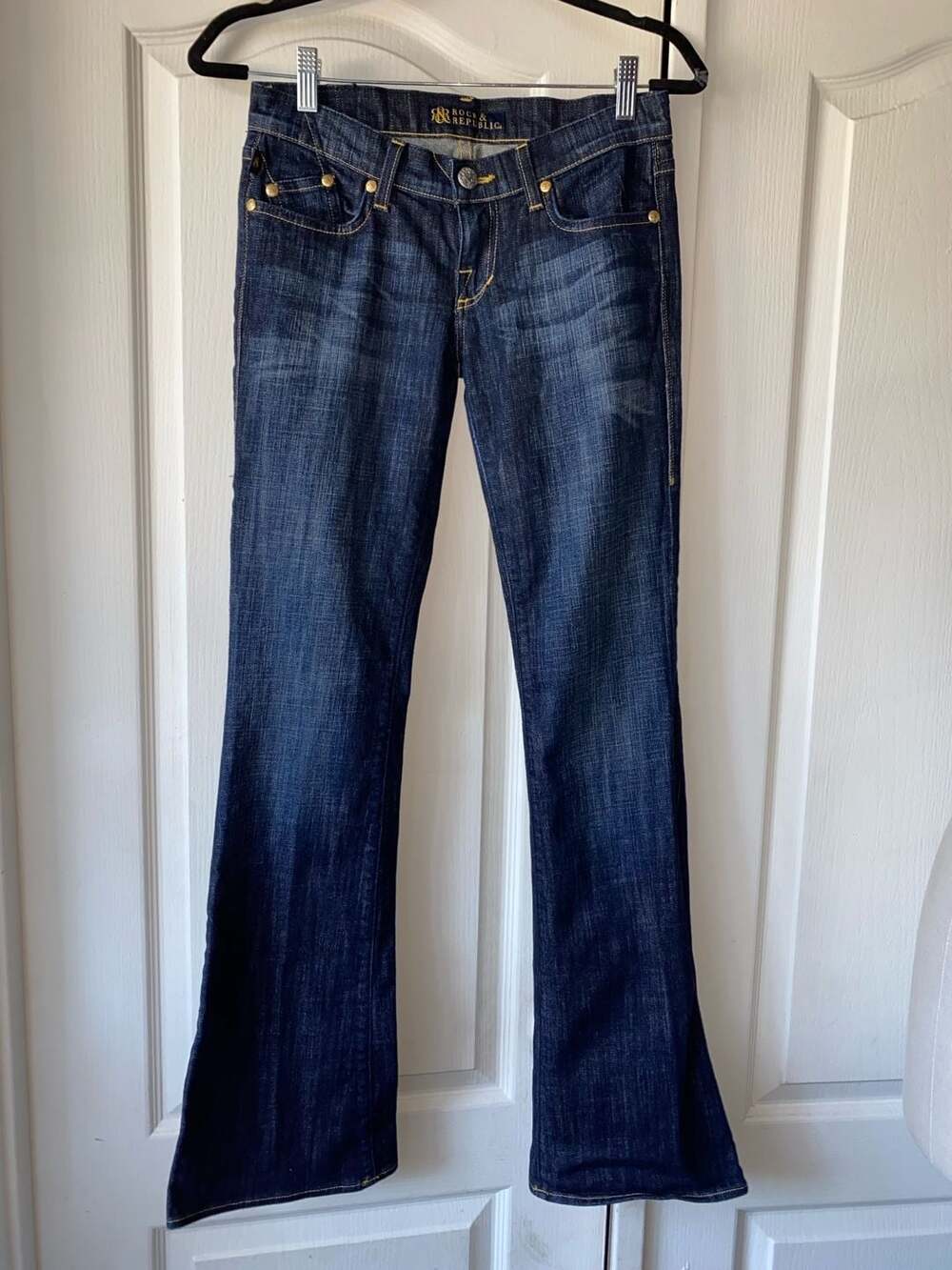 Rock & Republic Women's Dark Wash Flare Leg Jeans with Gold Logo Embroidery